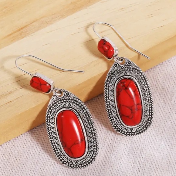925 Sterling Silver Plated Red Synthetic Gemstone Dangle Earrings - Picture 3 of 4